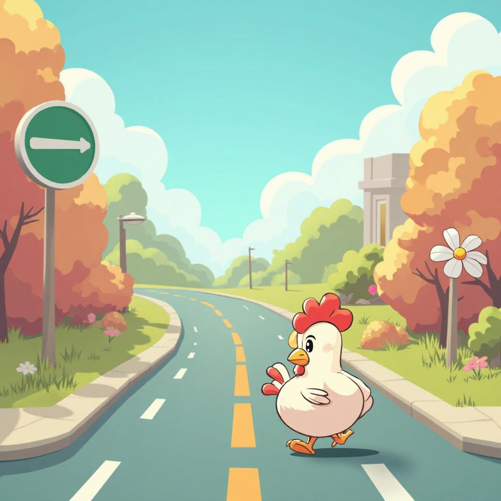 Gameplay screenshot showing a chicken crossing a fantasy road